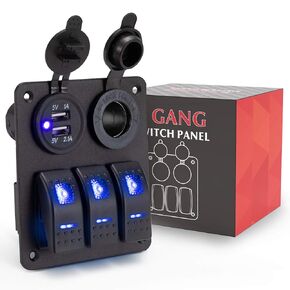 BUNKER INDUST 3 Gang Rocker Switch Aluminum Panel with Dual USB Port Charger Socket & Cigarette Lighter Socket Blue LED Light Waterproof On Off Toggle Switch for 12V/24V DC Marine Boat Truck Car ATVs