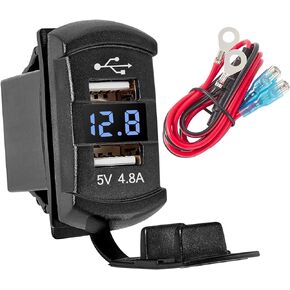 Rocker Switch Style Dual USB Car Charger Port, 12V-24V Waterproof USB Socket with Blue LED Voltmeter, 4.8A Universal USB Outlet Replacement for Marine Toggle Switch Panel on Boat Truck SUV RV