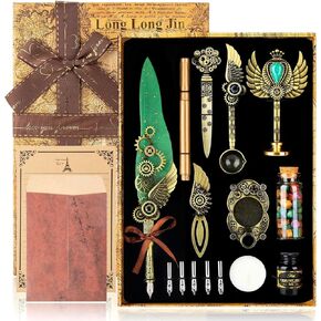 Quill Pen Ink Set with Seal Stamp - Feather Calligraphy Pen and Ink Set, Wax Seal Stamp Kit, Calligraphy Copybook,Beginner Calligraphy Quill Pen Lovers of All Ages Selection Gift (Blue)