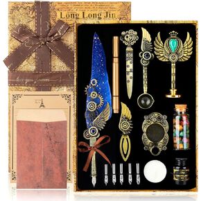 Quill Pen Ink Set with Seal Stamp - Feather Calligraphy Pen and Ink Set, Wax Seal Stamp Kit, Calligraphy Copybook,Beginner Calligraphy Quill Pen Lovers of All Ages Selection Gift (Blue)