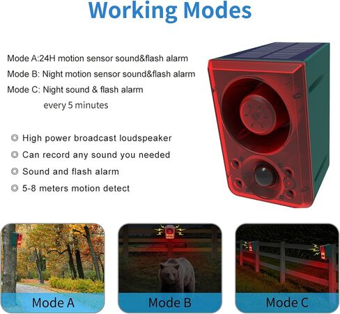 Motion Sensor Alarm Outdoor，Solar Alarm Motion Detector with Sound, 4 Mode 120db Sound Waterproof Flash Siren Light Alarm System in Saudi Arabia