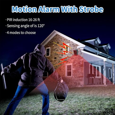 Motion Sensor Alarm Outdoor，Solar Alarm Motion Detector with Sound, 4 Mode 120db Sound Waterproof Flash Siren Light Alarm System in Saudi Arabia