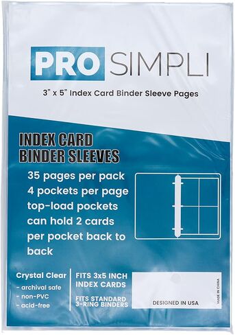 3x5 Index Card Binder Sleeve Pages for Standard 3-Ring Binders - 4 Pockets per Page, 35 Pages per Pack, Top-Loaded, Clear, Non-PVC, Acid-Free in Saudi Arabia