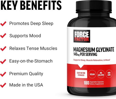 Force Factor Magnesium Glycinate, Magnesium Supplement for Women and Men to Support Sleep, Muscle Relaxation, and Mood, Easy on The Stomach, Vegan, 3-Month Supply, 180 Capsules in Saudi Arabia