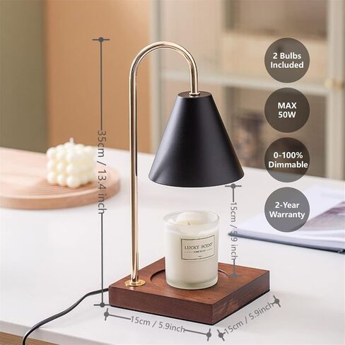 Candle Warmer Lamps, Dimmable Candle Lamp, Top Down Candle Warmers, Wood Base Candle Melting Lamps for Scented Jar Candles with 2 Bulbs (Black Metal Shade) in Saudi Arabia