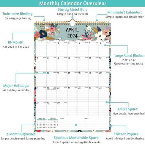 Wall Calendar 2024-2025 – Apr.2024 - Sep.2025, Calendar 2024-2025 Wall, 18 Monthly Calendar, 12 x 17 In, 2024-25 Calendar with Large Blocks, Thick Paper, Holidays, To-do ＆ Notes, Great for Organizing in Saudi Arabia
