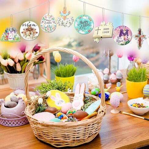 24 قطعة من زخارف عيد الفصح المعلقة، زينة عيد الفصح، زينة عيد الفصح السعيدة، لافتات خشبية معلقة مع صندوق هدايا، زينة شجرة عيد الفصح الدينية الصغيرة، ديكور عيد الفصح المسيحي للحرف المنزلية in Saudi Arabia