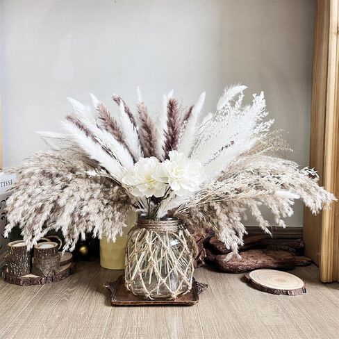 WORLDLYDA Natural Dried Pampas Grass Dried Flowers Boho Home Bouquet Phragmites with Bunny Tails for Wedding Bouquet Floral Arrangements Artificial Flower Home Decor Rustic Farmhouse Decorations in Kuwait