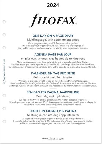 Filofax Calendar Diary Refill, A5 Size, Day on One Page with Appointments, White Paper, Multilingual: Five Languages, 2024 (C68515-24) in Saudi Arabia