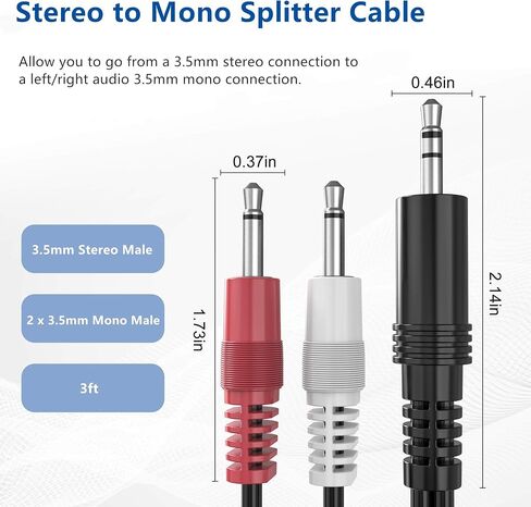 Stereo Male to Dual Mono Male Audio Cable, 3ft TRS to 2x TS Y Breakout Splitter Adapter Connector for Headphone, Speaker in Kuwait