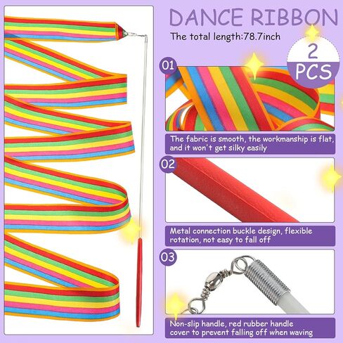 Dance Ribbons Rhythmic Gymnastics Ribbon 78.7 inches Rainbow Streamers 2pcs Dancing Streamers with Ribbon Wand for Artistic Dancing Gymnastics Kids Dancing Talent Shows in Kuwait