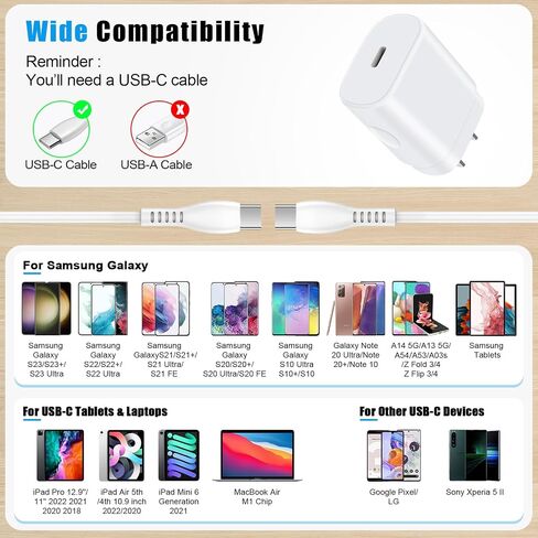 25W Samsung Fast Type C Charger for Samsung Galaxy A15 5G A54 A14 5G A25 A53 A23 A13 A03s A04s S24 Ultra S23 S22 S21 FE S20 Z Fold 5 Flip 5,Pixel 8 Pro 7a,USB C Charger Block 6FT C Type Charging Cord in Saudi Arabia