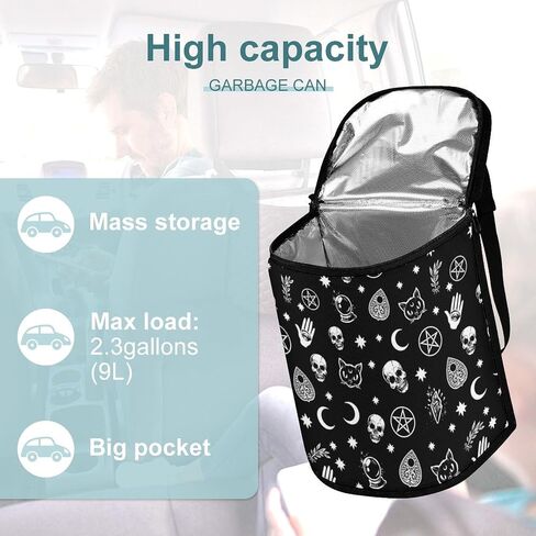 Goth Halloween Skull Car Trash Can with Lid, Gothic Car Accessories Leak-Proof Waterproof Car Garbage Bin Collapsible Portable Car Storage Organizer Large Capacity Trash Bag for Car SUV Trucks in Saudi Arabia