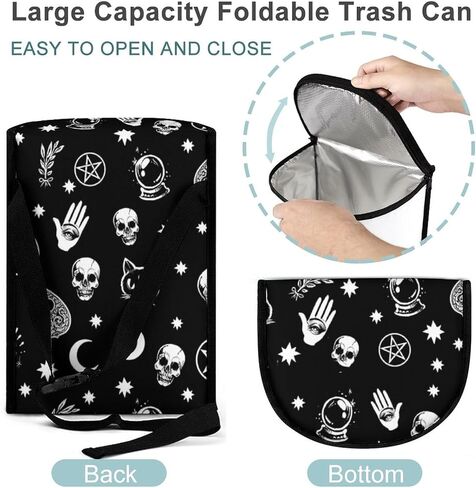 Goth Halloween Skull Car Trash Can with Lid, Gothic Car Accessories Leak-Proof Waterproof Car Garbage Bin Collapsible Portable Car Storage Organizer Large Capacity Trash Bag for Car SUV Trucks in Saudi Arabia