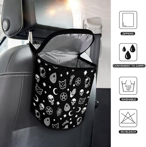 Goth Halloween Skull Car Trash Can with Lid, Gothic Car Accessories Leak-Proof Waterproof Car Garbage Bin Collapsible Portable Car Storage Organizer Large Capacity Trash Bag for Car SUV Trucks in Saudi Arabia