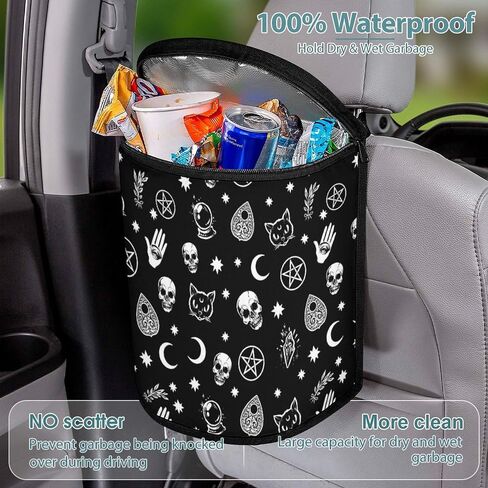Goth Halloween Skull Car Trash Can with Lid, Gothic Car Accessories Leak-Proof Waterproof Car Garbage Bin Collapsible Portable Car Storage Organizer Large Capacity Trash Bag for Car SUV Trucks in Saudi Arabia