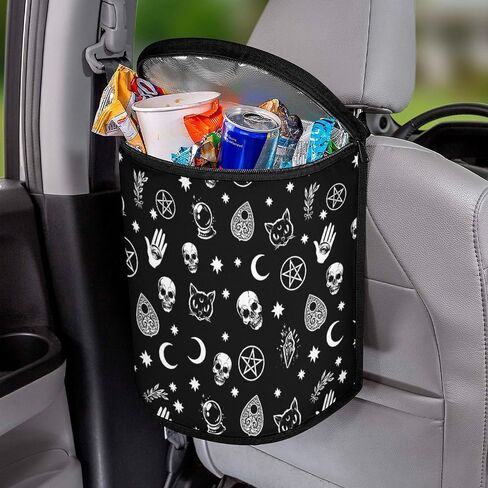 Goth Halloween Skull Car Trash Can with Lid, Gothic Car Accessories Leak-Proof Waterproof Car Garbage Bin Collapsible Portable Car Storage Organizer Large Capacity Trash Bag for Car SUV Trucks in Saudi Arabia