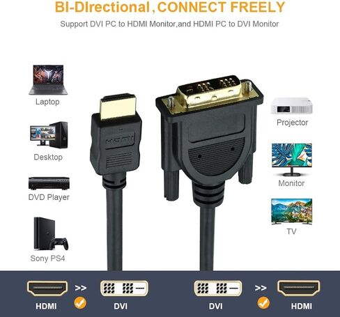 HDMI to DVI Cable (10FT, High-Speed, Bi-Directional Adapter Male to Male, DVI-D 18+1, 1080p,) - Compatible with Raspberry Pi, Roku, Xbox One, PS5/PS4/PS3, Graphics Card in Saudi Arabia
