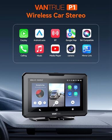 Vantrue جهاز Apple Carplay اللاسلكي المحمول & Android Auto Car Stereo مع كاميرا احتياطية 1080P، شاشة لمس 7 بوصة مع نظام ملاحة GPS، وصلة مرآة، بلوتوث، التحكم الصوتي، مدخل FM/AUX/TF للسيارات 12/24 فولت in Kuwait