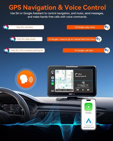 Vantrue جهاز Apple Carplay اللاسلكي المحمول & Android Auto Car Stereo مع كاميرا احتياطية 1080P، شاشة لمس 7 بوصة مع نظام ملاحة GPS، وصلة مرآة، بلوتوث، التحكم الصوتي، مدخل FM/AUX/TF للسيارات 12/24 فولت in Kuwait