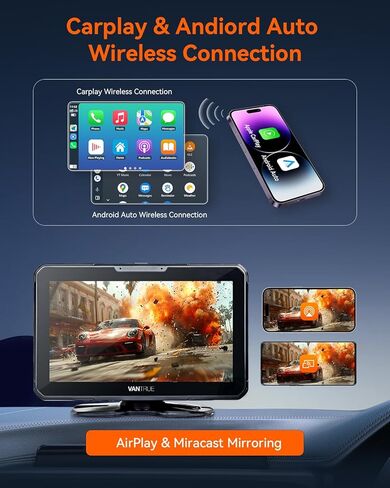 Vantrue جهاز Apple Carplay اللاسلكي المحمول & Android Auto Car Stereo مع كاميرا احتياطية 1080P، شاشة لمس 7 بوصة مع نظام ملاحة GPS، وصلة مرآة، بلوتوث، التحكم الصوتي، مدخل FM/AUX/TF للسيارات 12/24 فولت in Kuwait