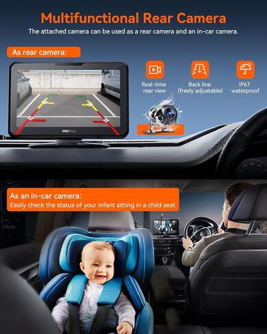 Vantrue جهاز Apple Carplay اللاسلكي المحمول & Android Auto Car Stereo مع كاميرا احتياطية 1080P، شاشة لمس 7 بوصة مع نظام ملاحة GPS، وصلة مرآة، بلوتوث، التحكم الصوتي، مدخل FM/AUX/TF للسيارات 12/24 فولت in Kuwait