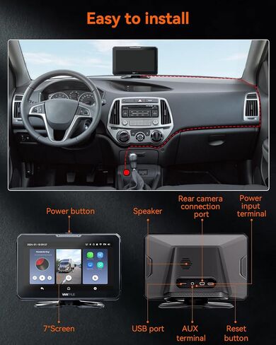 Vantrue جهاز Apple Carplay اللاسلكي المحمول & Android Auto Car Stereo مع كاميرا احتياطية 1080P، شاشة لمس 7 بوصة مع نظام ملاحة GPS، وصلة مرآة، بلوتوث، التحكم الصوتي، مدخل FM/AUX/TF للسيارات 12/24 فولت in Kuwait