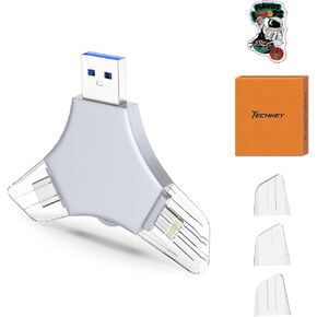 USB 3.0 Flash Drive 64gb for iPhone, 3in1 External Memory Picture Keeper Storage Stick for Photo/Video/Data Saver/Backup, V7.24High Speed Thumb Drives for iPhone/iPad/Android/PC - Stormy