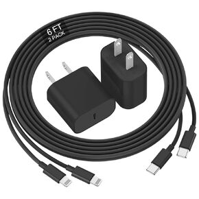Phone Charger Fast Charging 6 FT, Long USB C to Lighting Cable 6 Foot with 20W USB C Rapid Phone Charger Block, Compatible with iPhone 14 Pro/13Pro Max/12/11Pro/Mini, 2 Pack -Black