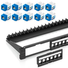 Everest Media Solutions Bundle – 2 Items: 24-Port Keystone Patch Panel + 10 Pack of RJ45 CAT6 Keystone Jacks - Blue