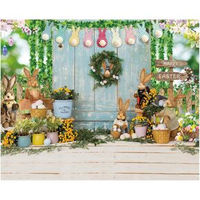 7X5FT Easter Backdrop Easter Backdrops for Photography Spring Easter Rabbits Colorful Eggs Bule Wood Floor Photography Background Party Decor Photo Booth Props DH-1102