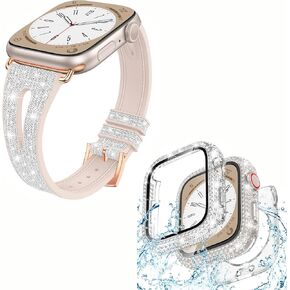 Goton 2 in 1 Bling Waterproof Case & Glitter Thin Band Compatible with Apple Watch 44mm Series 6/5/4/SE(2nd Gen), Women Silicone Strap + iWatch Screen Protector (For 44mm Only)