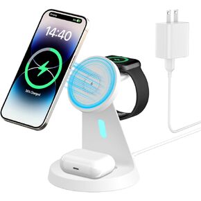 3 in 1 Charging Station Compatible with Magsafe Charger Wireless Charging Station for iPhone 16 15 14 13 12 Series Wireless Charger Stand for AirPods Wireless Charging Stand for iWatch Series