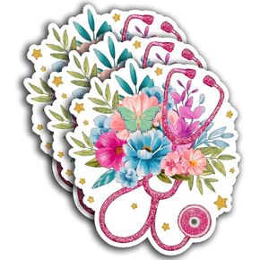 (3Pcs) Floral Stethoscope Sticker Nurse Sticker ER Healthcare Sticker Nursing Sticker Waterproof Vinyl Sticker Decals for Books Laptops Phone Water Bottles Tumbler Cup Kindle 3x2.5 Inch