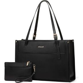 LOVEVOOK Laptop Tote Bag for Women 15.6 Inch Stylish Leather Work Tote Bag Purse Large Capacity And Waterproof Computer Briefcase for Business Office Travel, White-Black