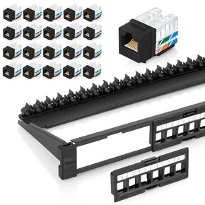 Everest Media Solutions Bundle – 2 Items: 24-Port Keystone Patch Panel + 20 Pack of RJ45 CAT6 Keystone Jacks - Black
