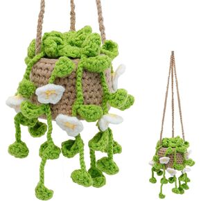 Cute Potted Plants Crochet Car Mirror Interior Aesthetic Decor, Green Ornament Crochet Hanging Plant for Car, Boho Car Plant Crochet Hanging Basket Handmade (Green)