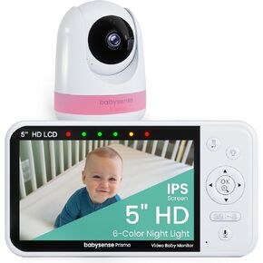 Babysense Prisma Baby Monitor with Camera and Audio, 5" HD Video Baby Monitor, 6-Color Night Light, Split Screen, Baby Sound Machine with White Noise & Lullabies, Secure No WiFi