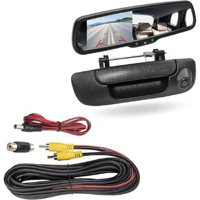 EWAY Tailgate Handle Backup Reverse Camera with 4.3 inch Rear View Mirror Monitor Kit for Dodge Ram 1500 2500 3500 2002-2008 Vehicle Safety Auto Reversing Parking Camera w/ 20FT RCA Extension Cable