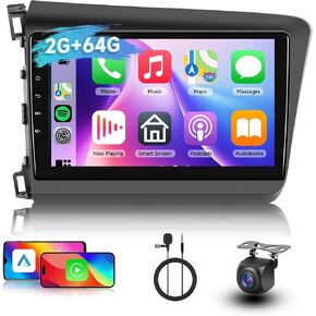 [4G+64G] Android Car Stereo for Honda Civic 2012-2015 Radio with Wireless Carplay Android Auto, Hodozzy 9 inch Touch Screen with GPS, Mirror Link, Bluetooth, WiFi, DSP, FM/RDS Radio
