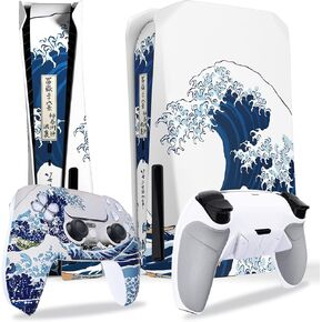 eXtremeRate eXcover The Great Wave Top Bottom Cover Compatible with PS5 Console Disc Edition, Replacement Luna Faceplate & RISE4 Remap Kit Redesigned Back Shell for PS5 Controller BDM-010 & 020