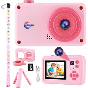 Seemee Kids Camera for Girls, Kids Digital Camera with Tripod and Cute Bear Case, Funny Frames and Mirroring Effects, 32G Card, Christmas Birthday Gifts for Boys Girls (Pink)