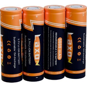Laxon 18650 3.7V Rechargeable Battery 3000mah 4 Packs, Sustainable 15A Discharge, Flat Top High Capacity Battery for Flashlights, Headlights