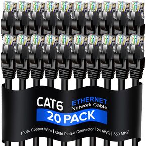 Maximm Cat 6 Ethernet Cable 3 Ft, 100% Pure Copper, Cat6 Cable (20 Pack) LAN Cable, Internet Cable, Patch Cable and Network Cable - UTP (Black) 3 Feet