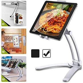 HOLD UP 3-in-1 Elegant 360° Universal Compatible Tablet & Phone Holder Metal Stand with Wall Mount, Desktop Stand & Under Cabinet Modes and Ultra Adjusting Abilities (Black)