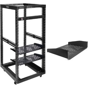 RIVECO 25U Open Frame Server Rack+ PDU (8 Outlets) Power Strip Surge Protector (2pcs Rack Shelves +1 PDU, 25U) & 2U 14" Rack Shelf