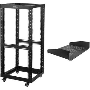 RIVECO 25U Open Frame Server Rack with Wheels 19-inch Support 600 LBS Equipment Thick Cold Rolled Steel Cabinet & 2U Rack 14" DepthShelf