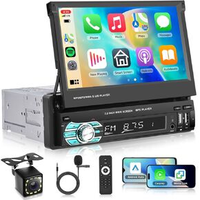 واحد DIN 7 بوصة الوجه من السيارة ستيريو لاسلكي Carplay Android Auto ، Hodozzy Bluetooth 1 DIN DIN اللمسات شاشة للسيارة مع رابط مرآة SWC راديو FM ، دعم USB/TF/AUX/DSP/MIC+ كاميرا