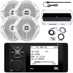 Marine Bluetooth AM/FM Radio Stereo LCD Digital Media Receiver Bundle With 4x 6.5" 180W White Marine Speakers, 4-Channel 1000W Boat Amplifier, Amplifier Wiring Kit, Black Antenna - OEM Replacement