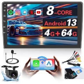 【Support SIM Card】 8 Core 4+64GB Android 13 Car Stereo Double Din Radio with Wireless Carplay Android Auto, 9 Inch Android Radio WiFi, GPS Bluetooth 5.0 AM/FM/RDS Mic Backup Camera EQ DSP